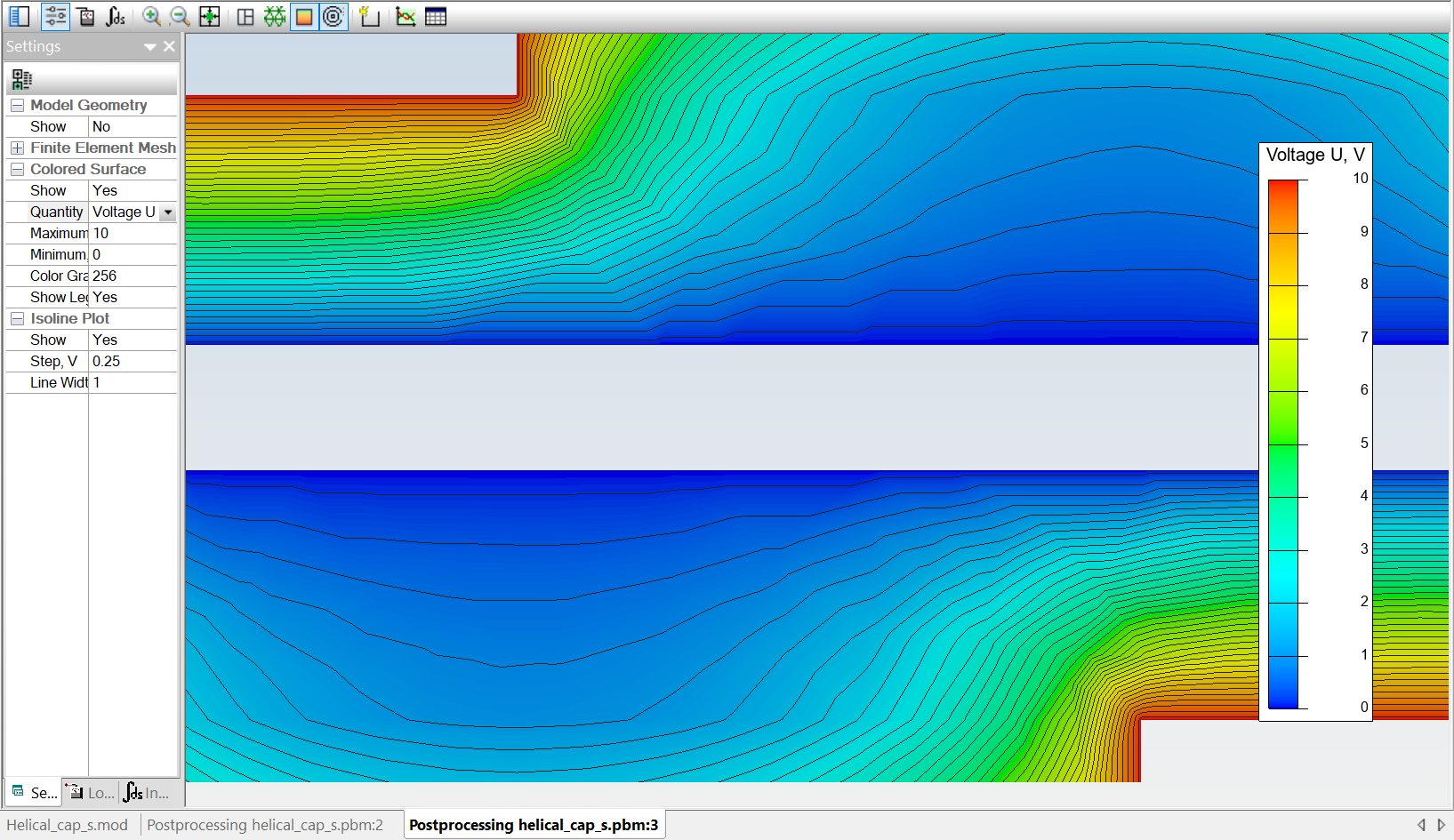 this image shows the result of a simulation (QuickField), Cut plane with equipotentials